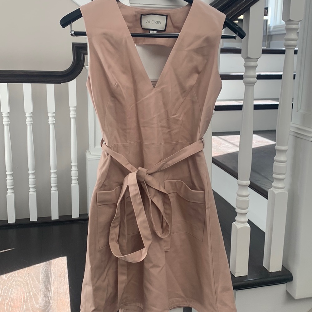 Alexis Blush Pink V-Neck Midi Dress with Waist Tie